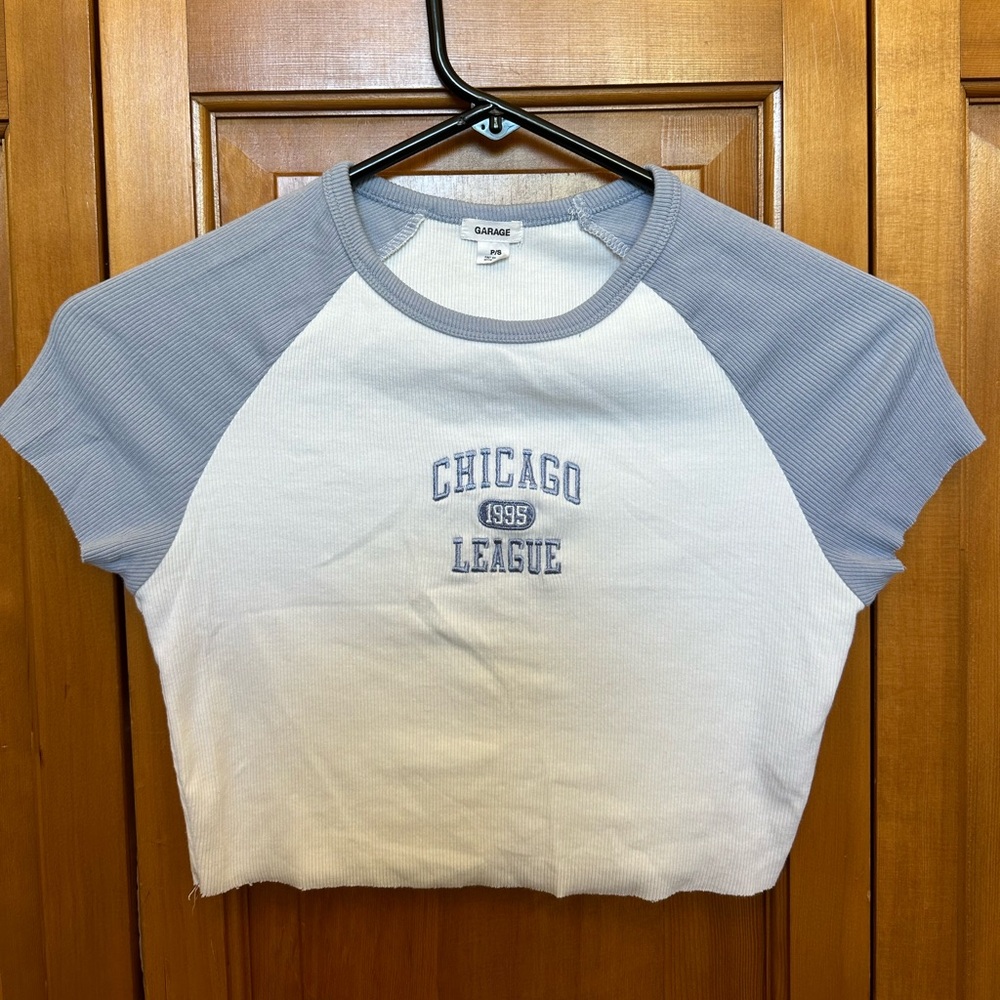 white and blue cropped baby T